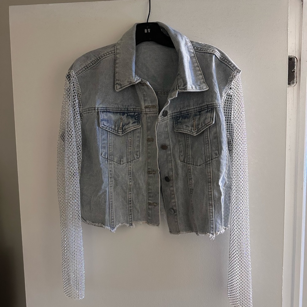Lime Lush Light Wash Rhinestone Sleeve Denim Jacket - Size Large